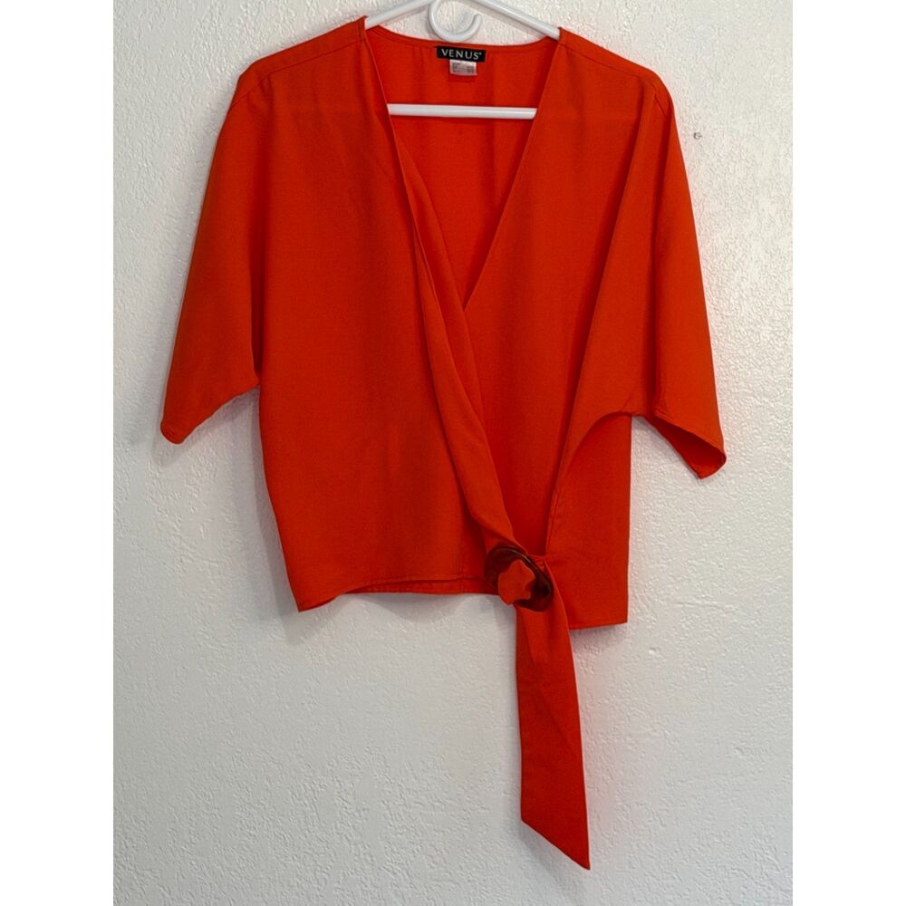 Venus Orange Wrap Top Short Sleeve Tie Waist Blouse Size S
